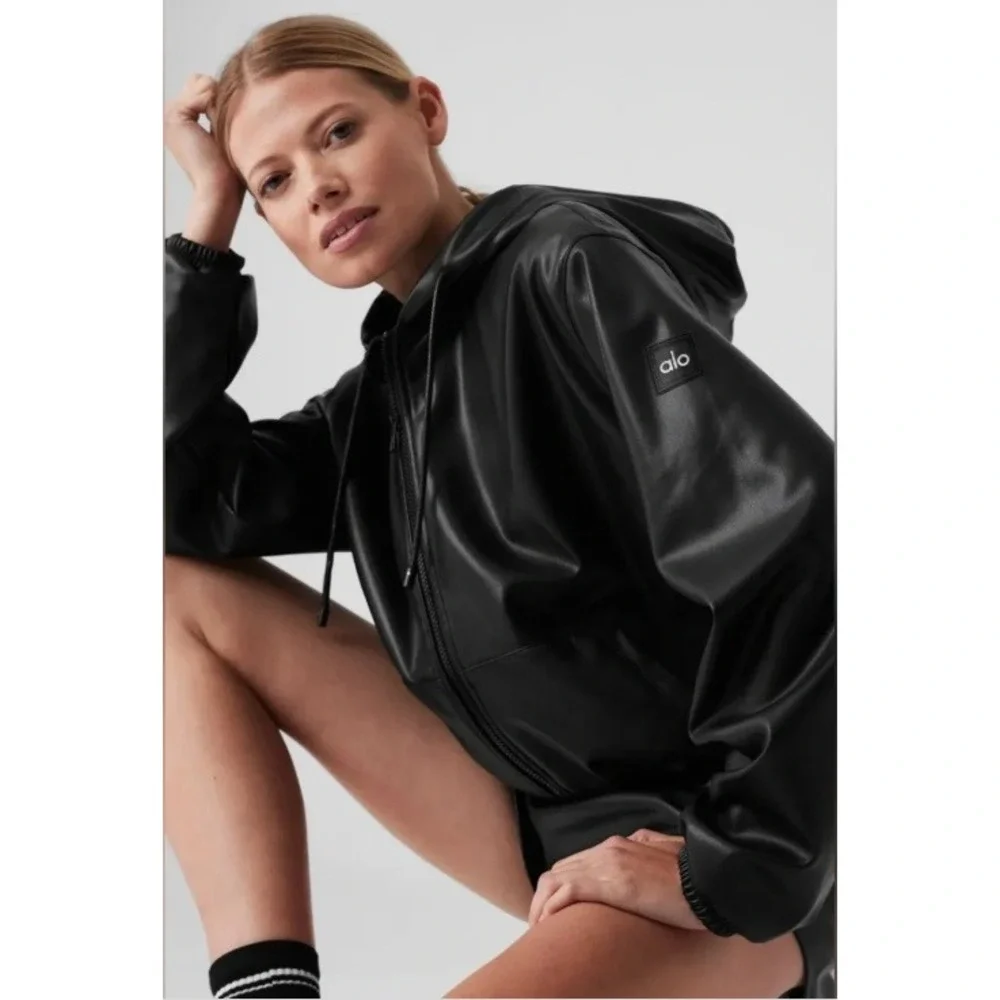 Alo Yoga Faux Leather Bomber Jacket Full Zip Cropped Hooded Black Sporty XS
